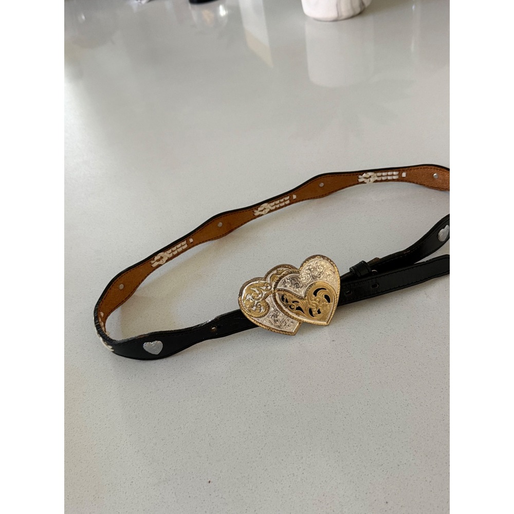 Brighton Black Leather Heart Belt Montana Silver Gold Double Heart Buckle 34